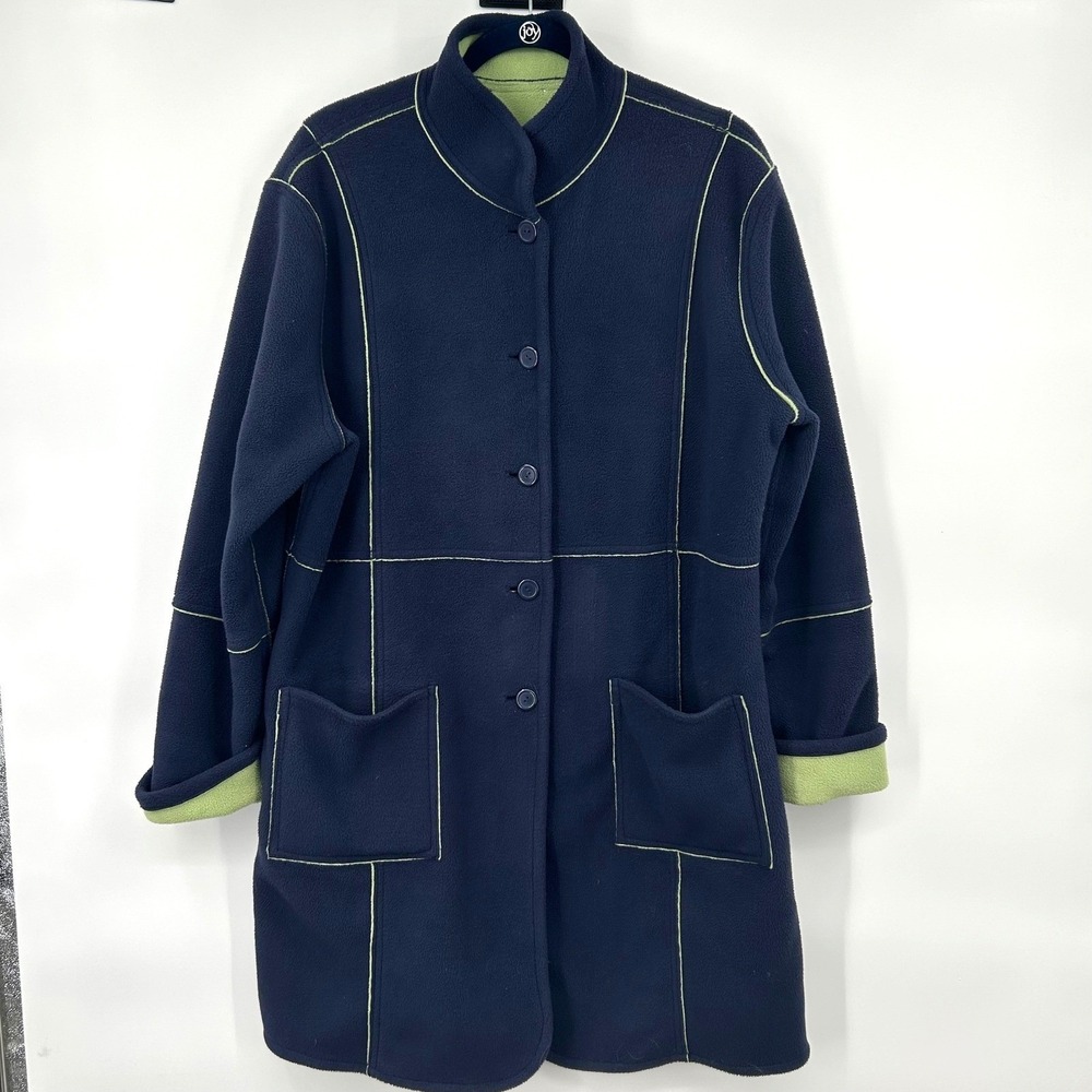 Susan Graver Reversible Fleece Coat Women‎ Blue Green Button Front Gorpcore